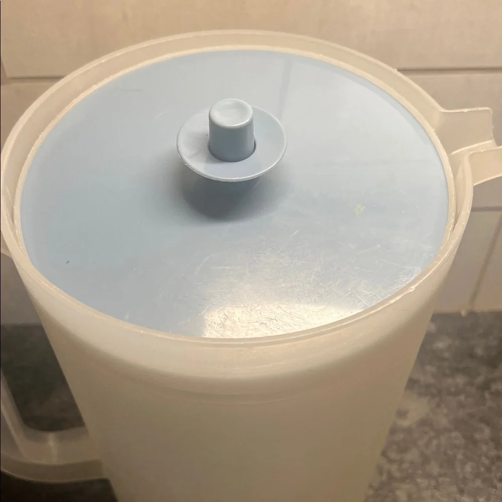 Gallon size Translucent White Pitcher with Blue Lid by Tupperware